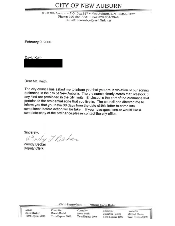 Letter from City Council of the New Auburn, MN