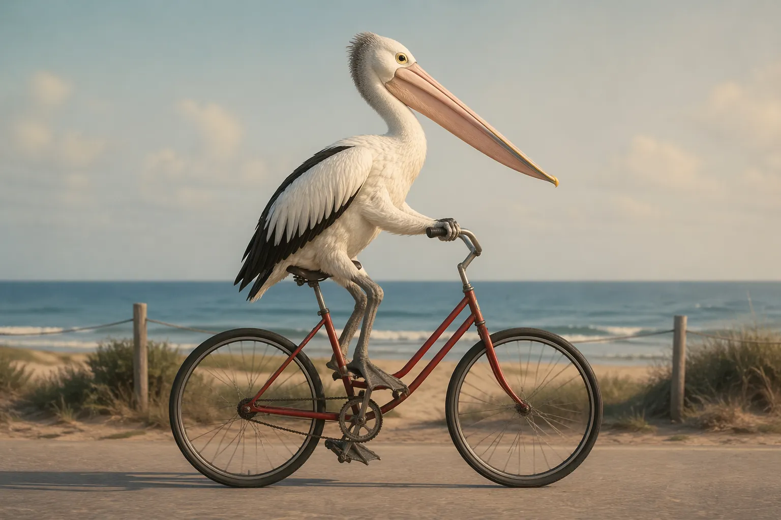 ChatGPT rendering of ChatGPT's brief A photorealistic-looking pelican riding a rust-red bicycle in profile on a sandy coastal path with dune grass and ocean behind