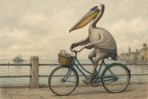 A gouache-style illustration of an upright brown pelican riding a muted teal step-through bicycle along a stone coastal promenade, with a distant boat and a Mediterranean harbor town in the background