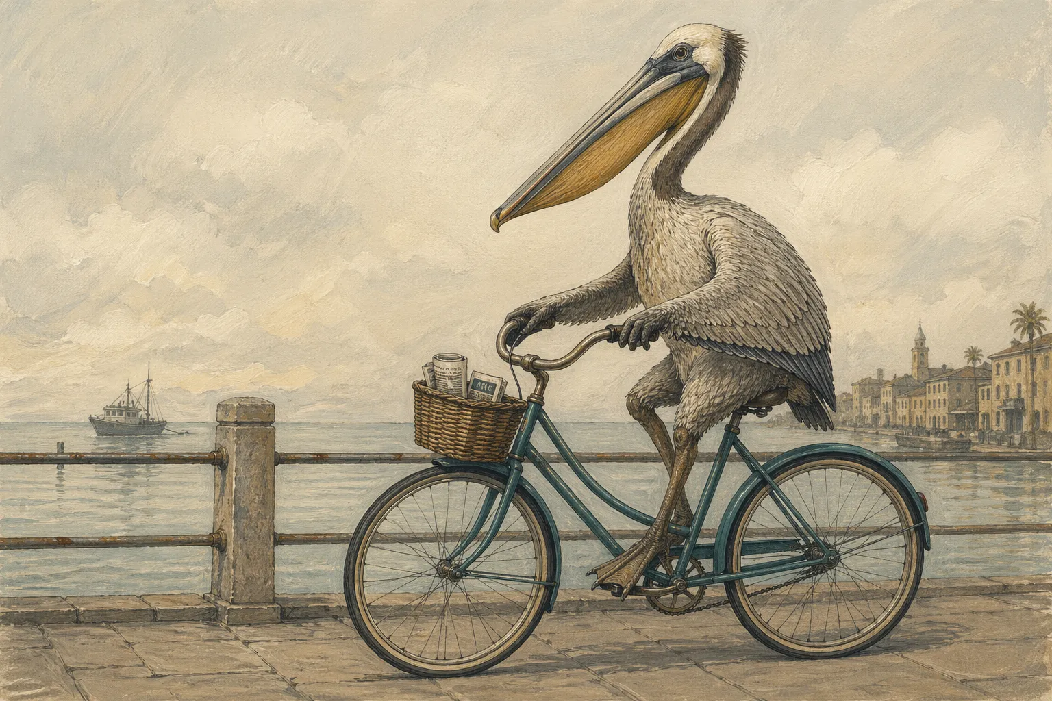 ChatGPT rendering of Claude's brief A gouache-style illustration of an upright brown pelican riding a muted teal step-through bicycle along a stone coastal promenade, with a distant boat and a Mediterranean harbor town in the background
