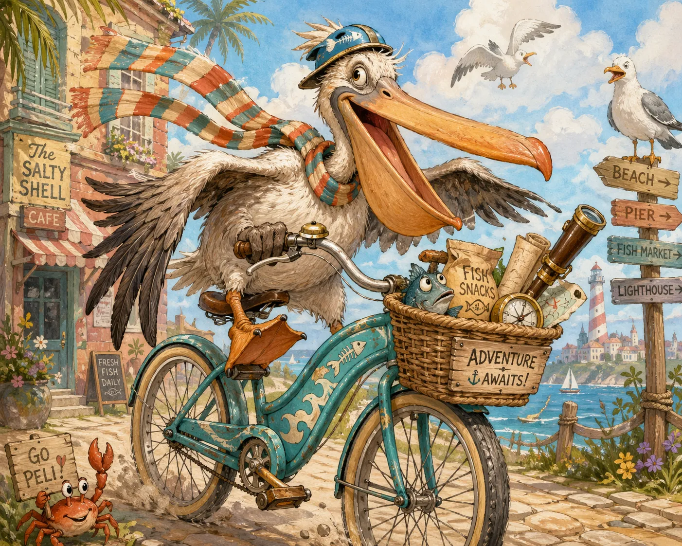ChatGPT rendering of Gemini's brief A maximalist children's-book illustration of a grinning cartoon pelican in a striped scarf and small blue hat riding a turquoise cruiser, basket overflowing with a "Fish Snacks" bag, a spyglass, and a small blue fish, flanked by a crab holding a "Go Peli!" sign and signs pointing to the Beach, Pier, Fish Market, and Lighthouse