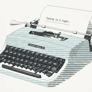 A stylized halftone ASCII-art illustration of an Olivetti Lettera 32 portable typewriter, its body and shadows built from pale-blue dotted characters, with a sheet of paper rising from the platen that reads "Typing is a right."